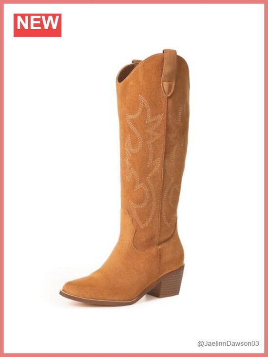 Shoes - Women's Suede Cowgirl Boots with Block Heel Pull On